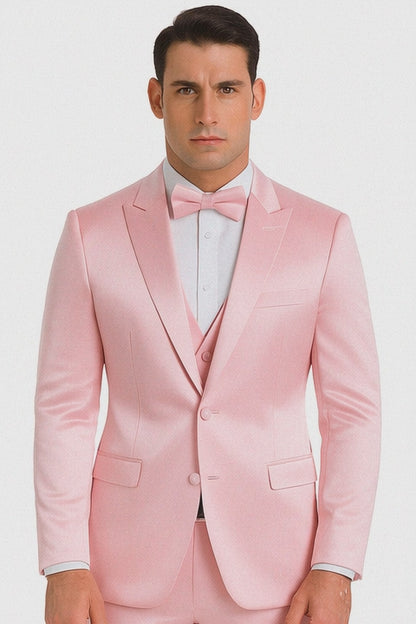 Men's Dusty Rose Satin Shiny Metallic Flashy with Sheen 3 Piece Skinny Fit Tazzio Suit with Peak Lapel Jacket Modern Fit