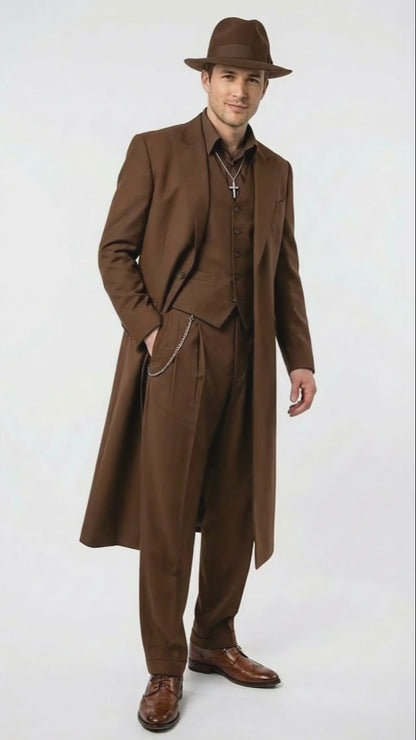 Men’s Brown 1920s Zoot Suit – Long Gangster Mafia Suit Vintage Three-Piece Costume Set Pachuco Style
