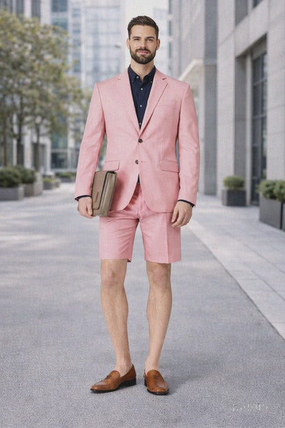 Mens Short Pants Suit Set Mens Two Button  Suit For Men Pink
