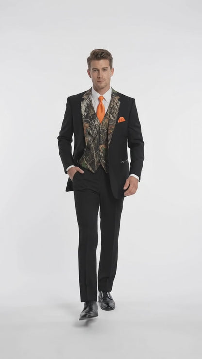 Men’s Black Camo Tuxedo Suit, Slim Fit 2 Button Wedding Prom Suit with Camouflage Vest and Lapels