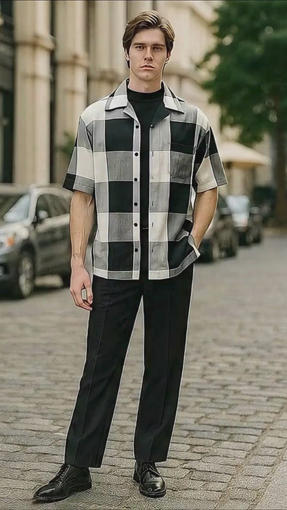 Mens Black and White Checkered Short Sleeve Shirt Set – Casual Two-Piece Summer Outfit With Walking Suit Plus Matching Pants