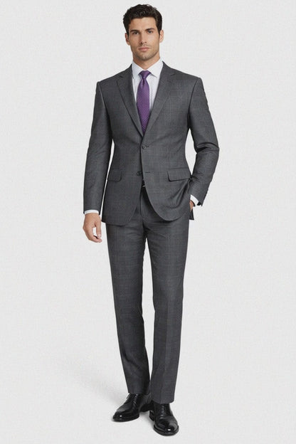 2 Button Slim Fitted Charcoal Glen Plaid & checkered check pattern Suit Men's