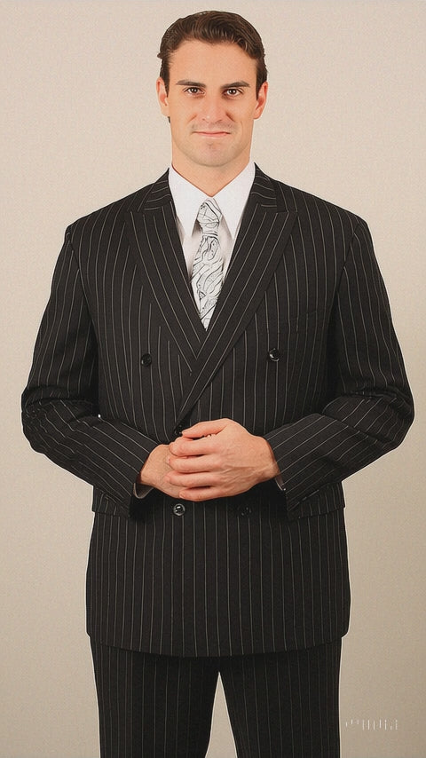 Men'S Black With White Stripe Double Breasted Suit