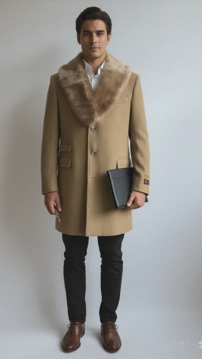 Men's Camel Three Button  Full Length Overcoat Men's Carcoat - Car Coat Mid Length Three quarter length coat