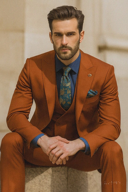 Designer Orange 3-Piece Suit – Elegant Men’s Formal Attire