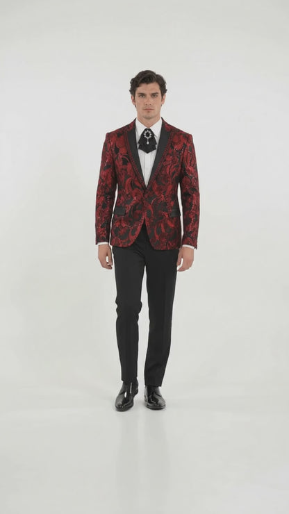 Mens Sequin Christmas Holiday Blazer – Luxury Party Jacket for New Year Jacket Sparkly Dinner Jacket in color "Burgundy Red & Black Floral"