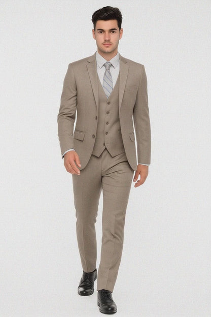 Men’s Modern Fit 3-Piece Taupe Suit with Vest – Stylish Formal Wear for Weddings & Business