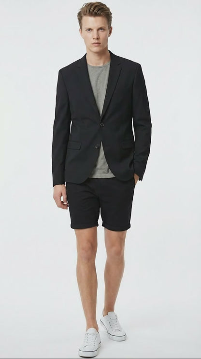 Men’s Black Summer Business Suit with Shorts Pants Set Modern Fit