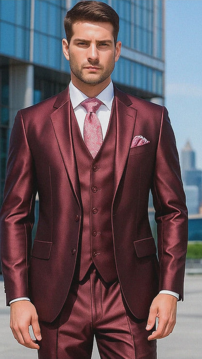 Shiny Burgundy Vested Suit - 3 Pieces Maroon Flashy Suit