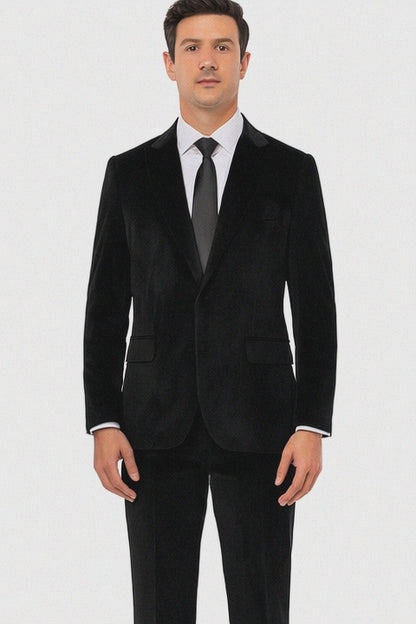 Tazzio Men’s Black Velvet Suit – Slim Fit 2-Piece Formal Peak Lapel