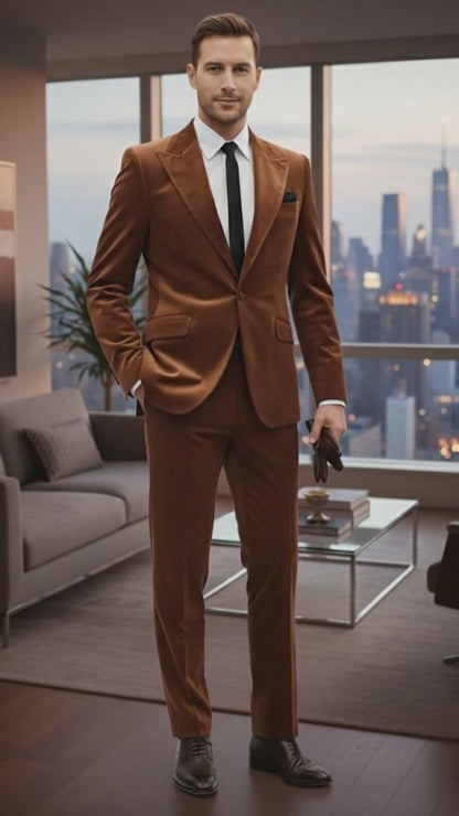 Mens Golden Brown Velvet 2-Piece Suit – Luxury Slim Fit Formal Blazer and Pants Set in Rust Copper Color