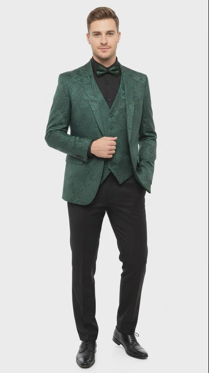 Men’s Emerald Green Paisley Tuxedo 3-Piece Suit – Slim Fit Formal Blazer, Vest, and Pants for Weddings, Proms