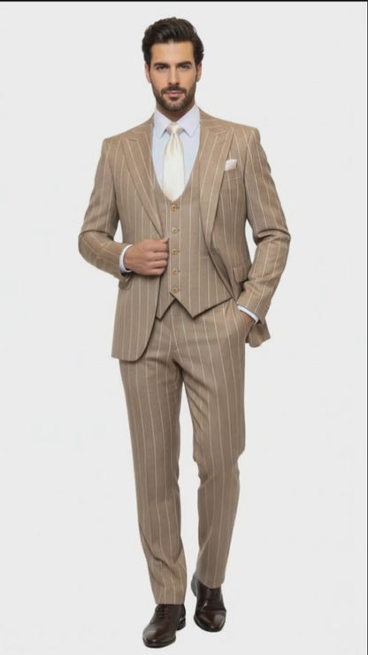 Men's Beige Pinstripe Three-Piece Vested Suit – Tailored Fit  Business Attire in Tan Stripe by Rossiman Modern Fit