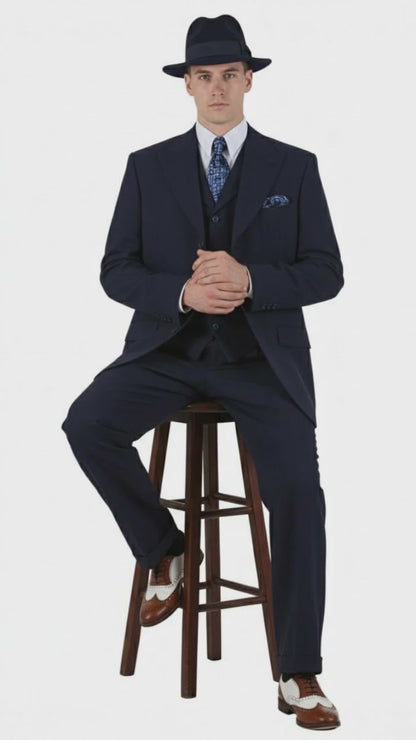 Men’s 1920s Navy Blue Zoot Suit – Classic Gangster 3-Piece Long  - Classic Fit Pleated Pants