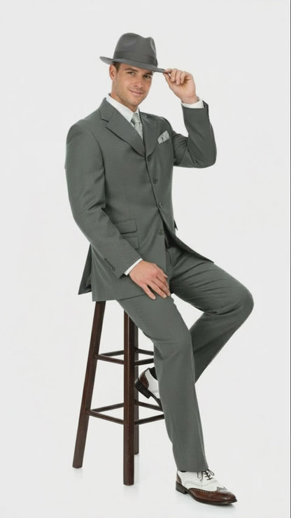 Men’s 1920s Olive Zoot Suit  – 4 Buttons  Gangster Wide Lapel Long Jacket 3-Piece Suit in Olive Color Classic Fit Pleated Pants