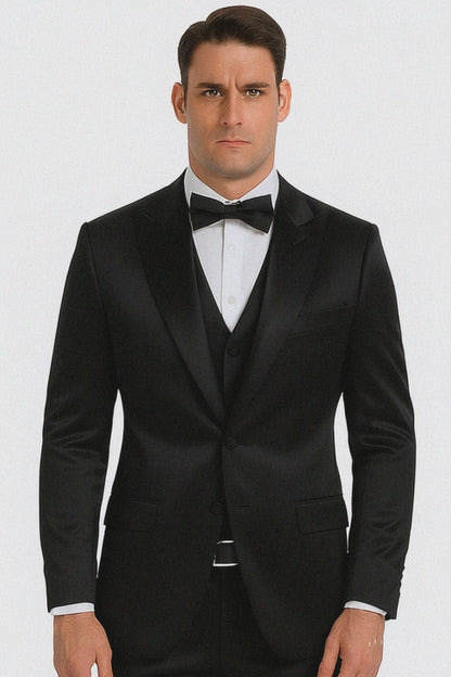 Black Satin Shiny Metallic Flashy with Sheen 3 Piece Skinny Fit Tazzio Men's Suit with Peak Lapel Jacket Modern Fit