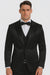 Black Satin Double Breasted 3 Piece Skinny Fit Tazzio Men's Suit with Peak Lapel Jacket