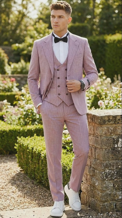 Men’s Dusty Rose Pink Pinstripe Three Piece Suit with Vest | Wedding and Party Formal Wear Prom or Church Suit Modern Fit