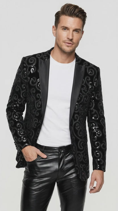 Men’s Black Velvet Sequin Swirl Dinner Jacket – Blazer Paisley Sparkly
