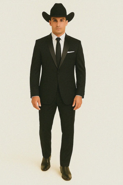 Men'S One Button Slim Fit Solid Black Side Vents Tuxedo Suit With Shawl Lapel