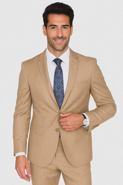 Tiglio Suit - Signature Menswear Wool Fabric SuitsOutlet -  Brand Men's Two Button  Solid Double Vent Camel Suit- High End Suits - High Quality Suits