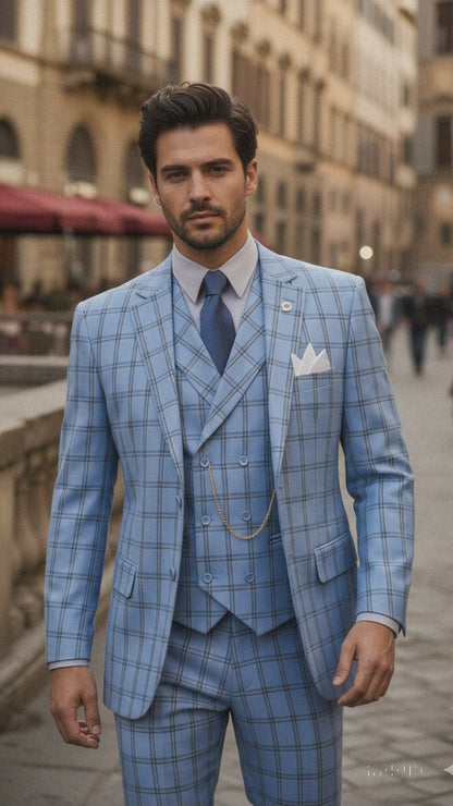 Lazio Collection - Modern Fit Windowpane Suit 3 Piece in Light Blue