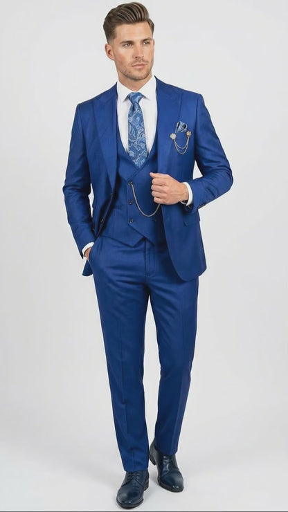 Men’s Royal Blue 3 Piece Suit Set with Vest – Formal Wedding and Party Wear Suit - Saphire Cobalt blue Modern Fit