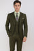 Classic Wool Fabric Fit - Pleated Pants - Peak Lapel With Double Breasted Vest - Athletic Fit Solid Olive Mens Suit