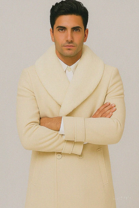Men’s Cream Double-Breasted Peacoat Overcoat with Faux Fur Shawl Collar – Alberto Nardoni Wool Collection
