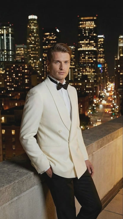 Men’s Ivory Double-Breasted Shawl Lapel Tuxedo Jacket | Premium Formal Dinner Jacket for Weddings and Black-Tie Events