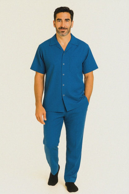 Men's Short Sleeve 2 Piece Casual Two Piece Mens Walking Outfit For Sale Pant Sets Set With Long Pants 100% Linen Royal Shirt