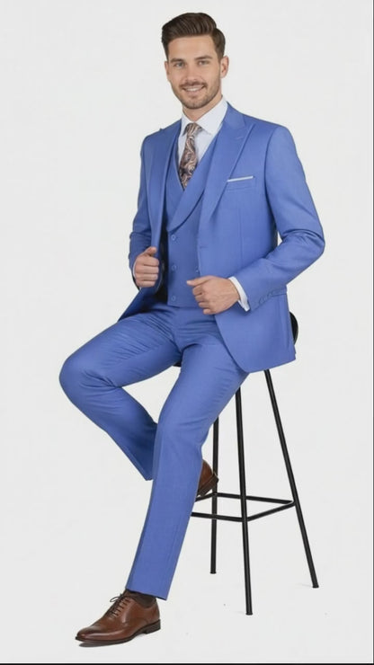 Men’s Light Blue Double-Breasted 3-Piece Suit Set – Tailored Fit Formal Business Suit in Steel Blue Sky Blue Color Modern Fit
