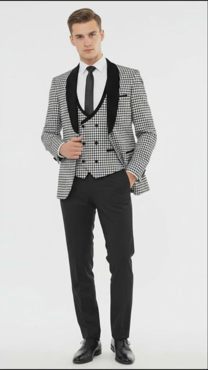 Men’s Black and White Houndstooth Tuxedo Set with Velvet Shawl Lapel | 3-Piece Formal Suit with Black Double-Breasted Vest