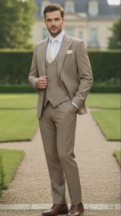 Men’s Beige Pinstripe Three-Piece Suit – Classic Fit Formal Suit with Vest and Flat-Front Pants in Tan Stripe By Rossiman
