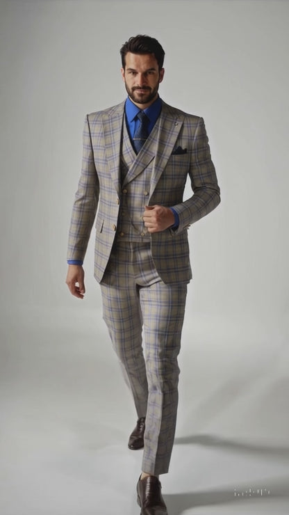 Blue  Windowpane Peak Lapel 3 Piece Suit Modern Fit