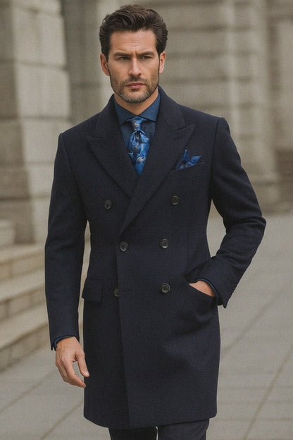 Navy Blue Wool Overcoat – Double Breasted Winter Topcoat for Men