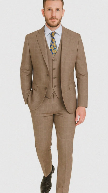 Mens 2 Button Vested Peak Lapel Plaid Suit in Tan Modern Fit