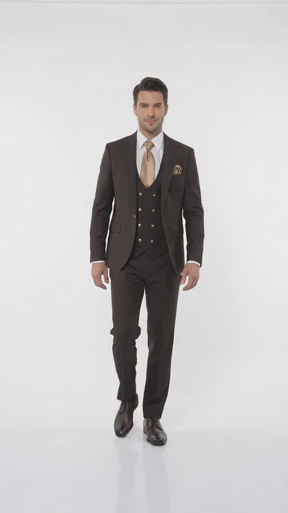 Rossi Man Max Chocolate Brown 3-Piece Suit – Men’s Formal Suit with Double-Breasted Vest & Gold Buttons