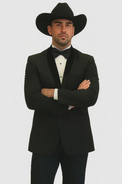 Men Two Toned Full Lapel Shawl Black Tuxedos wool Fabric Suits