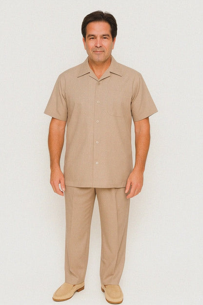 Men's Short Sleeve Khaki Plain Linen Casual Casual Two Piece Mens Walking Outfit For Sale Pant Sets Suit Pleated Pant - Mens Linen Suit