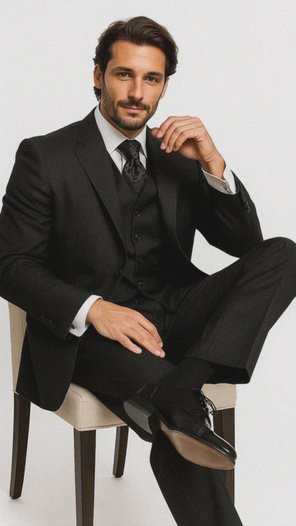 Men’s Black Shadow Stripe 3 Piece Suit, Tone on Tone Pinstripe Italian Design Formal Suit