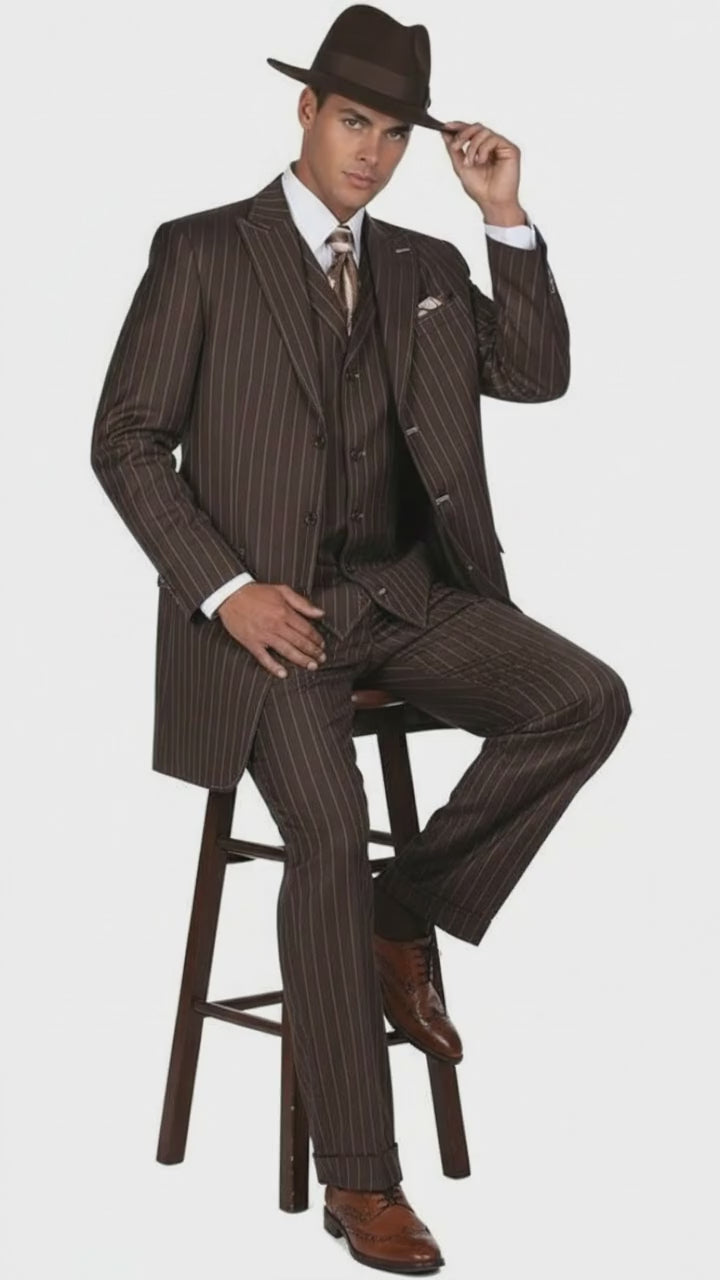 34 Men's Brown Pinstripe 3-Piece Suit – Classic Wide Lapel Zoot