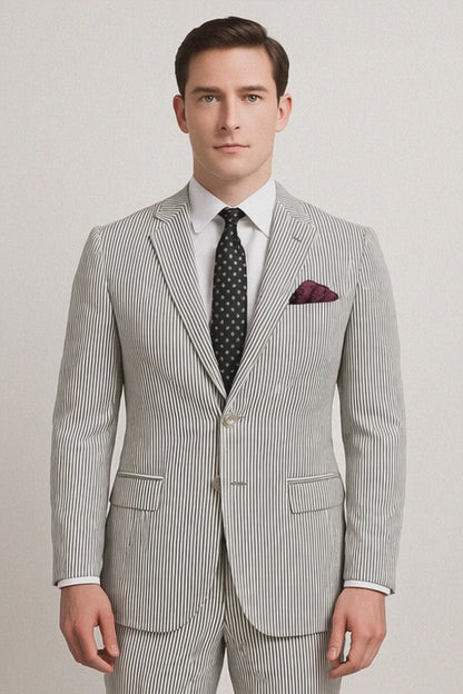 Men's 2pc Summer Seersucker Modern Fit Suit In Black Pinstripe Modern Fit
