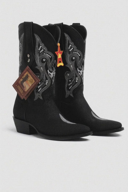 Los Altos Boots Black Genuine Stingray Mantarraya Skin Single Stone Western Cowboy Botas De Mantarraya - Mantarraya Boots (EE)
