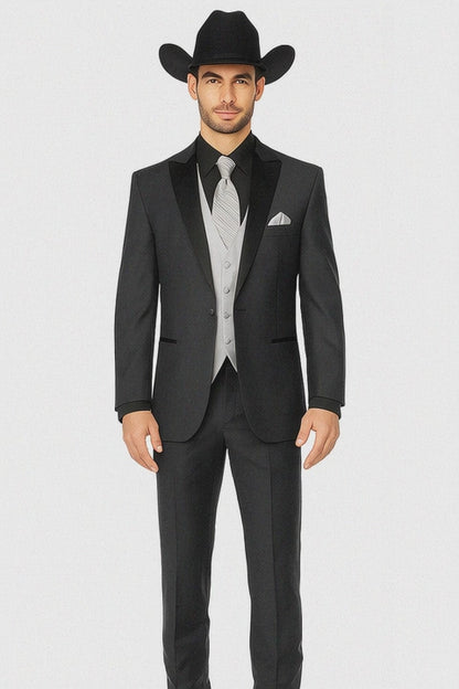 Mens 1 Button Peak Lapel in Grey Cowboy Suit - Country Wedding Suits Modern Fit