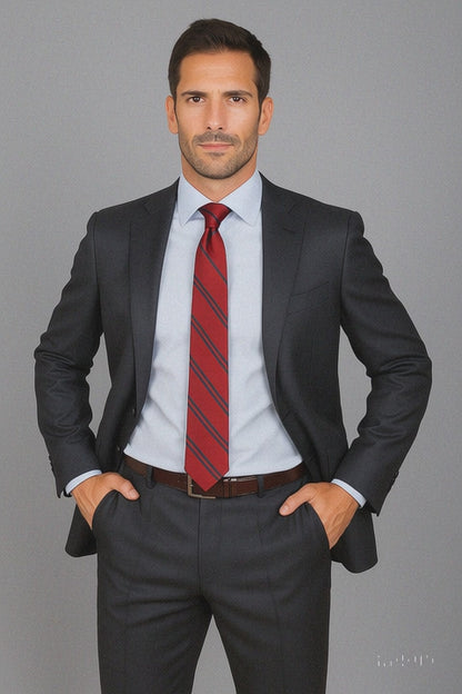 Men's Tiglio Suit - Signature Menswear Wool Fabric SuitsOutlet - Brand patterned 2-button Dark Grey Suit - High End Suits - High Quality Suits