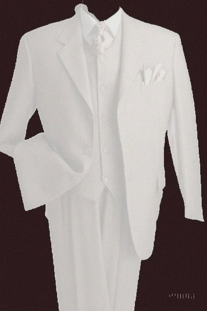 Men's 2 buttons 3 Piece Snow White Three Piece Vested Suit  Pleated Pants Side Vent