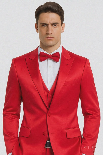 Men's Red Satin Slim Fit 3 Piece Tazzio Suit with Double Breasted Vest and Peak Lapel Jacket