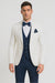 White and Navy Blue Tuxedo Wedding Suit - White Dinner Jacket + Vest + Pants + Bow-tie