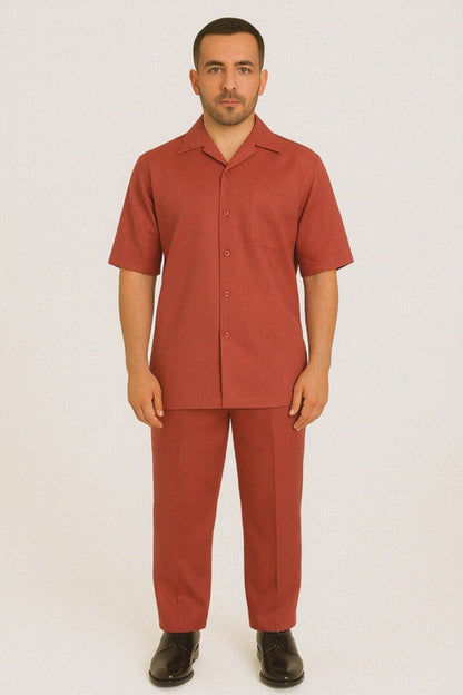 Men's 2 Piece Red Linen Short Sleeve Casual Two Piece Mens Walking Outfit For Sale Pant Sets Casual Big Size Suit